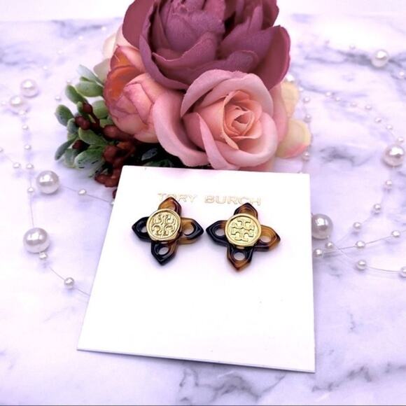 New Tory Burch Gold Logo, Tortoise Flower Stud Earrings - Picture 2 of 7